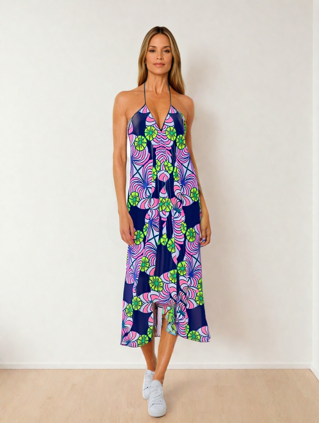 High Low Halter Medallion Print Dress